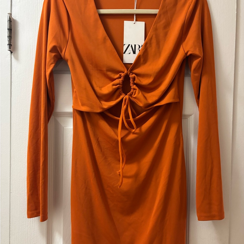 Zara Orange Ruched Tie Front Bodycon Dress